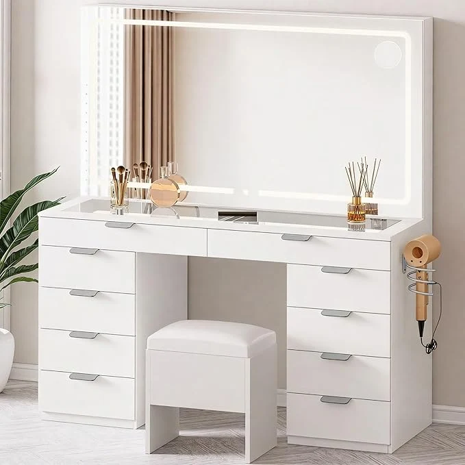 Durable DWVO Vanity Desk Glass Top Vanity with Charging Station 46 Makeup Table with 10 Drawers Storage StoolAbout ThisOverview Selected