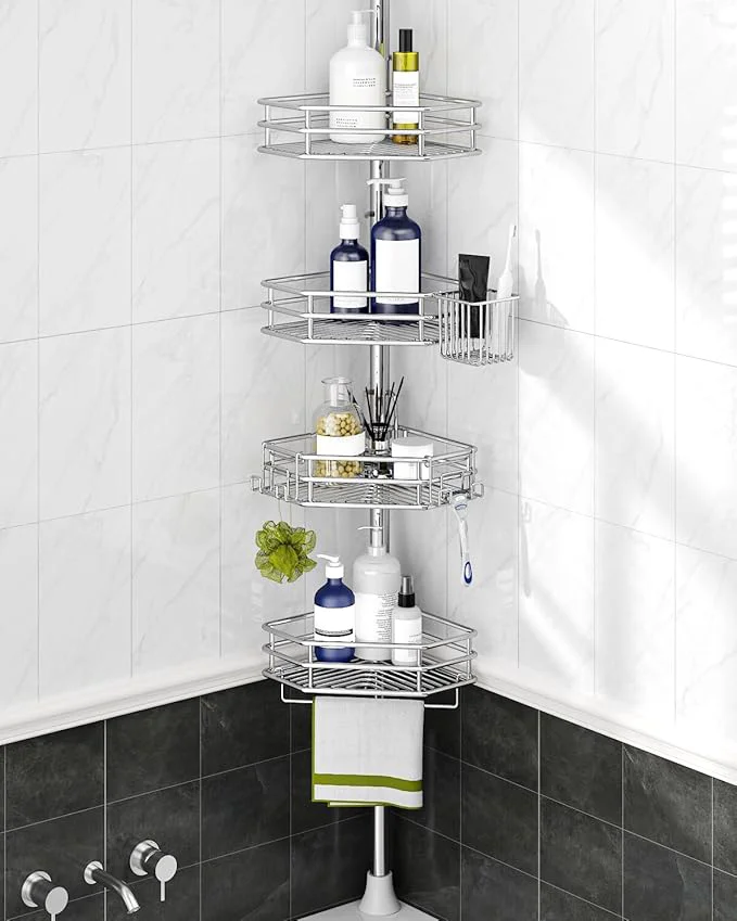 Dependable SEIRIONE Corner Shower Caddy Tension Pole Quick Setup Rust- Bathroom Shower Organizer Corner for Bathtub Shampoo Storage 4-Tier Adjustable Shelf Drill Fits 34 to 116 Inch Height SilverAbout ThisOverview Reusable