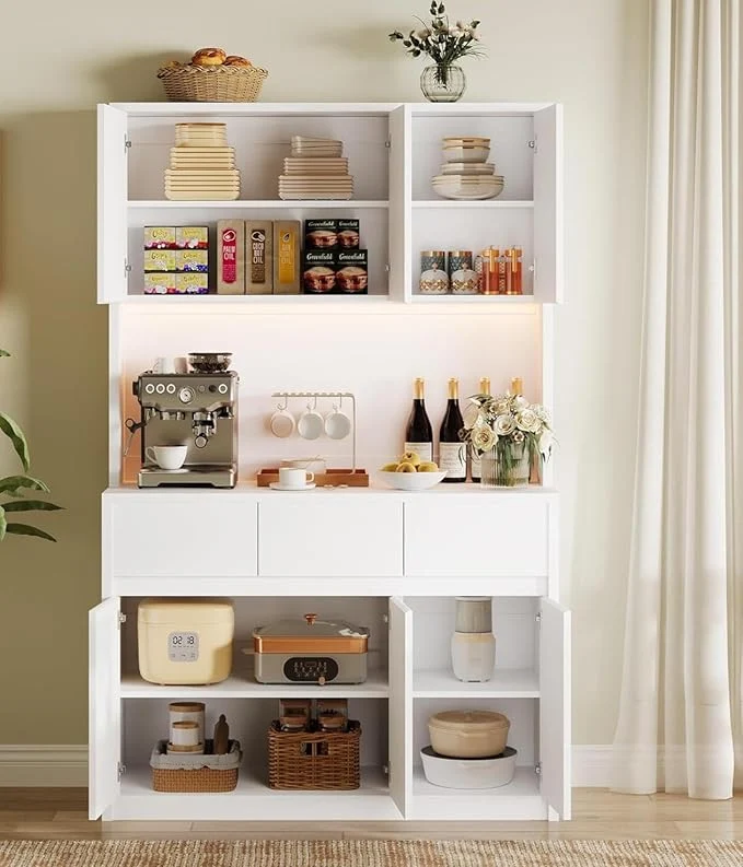 User-Friendly 71 Tall Kitchen Pantry Cabinet Adjustable Shelves Doors and Three Drawers Microwave Shelf Coffee Bar with LED Lights Charging Station Corner Storage Hutch for Living Room WhiteAbout ThisOverview Quality