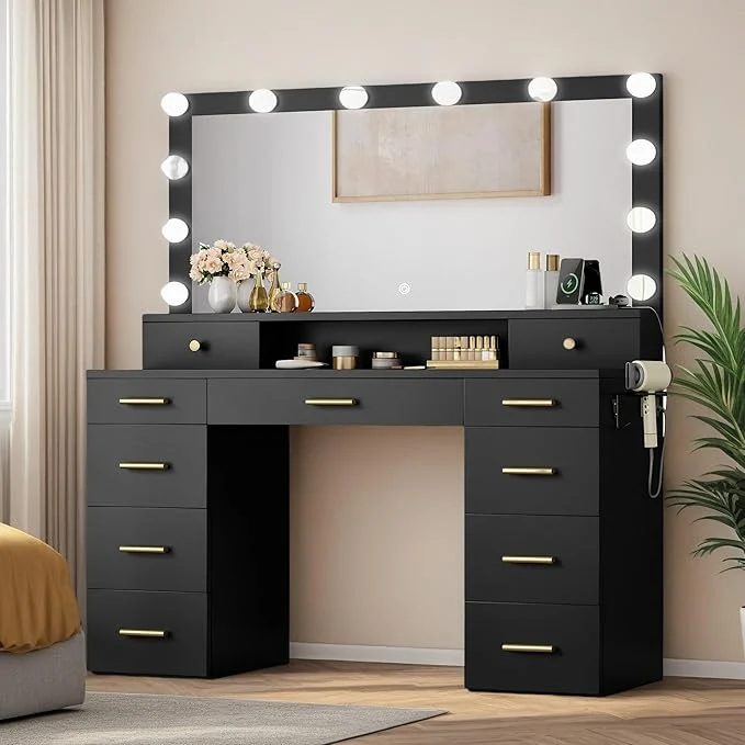 Classic YITAHOME Large Vanity Desk with Mirror and Lights Big Makeup Vanity with Power Outlets 11 Drawers 3 Lighting Modes Adjustable Bedroom Dressing Table for Bedroom Dressing Room BlackAbout ThisOverview Selected