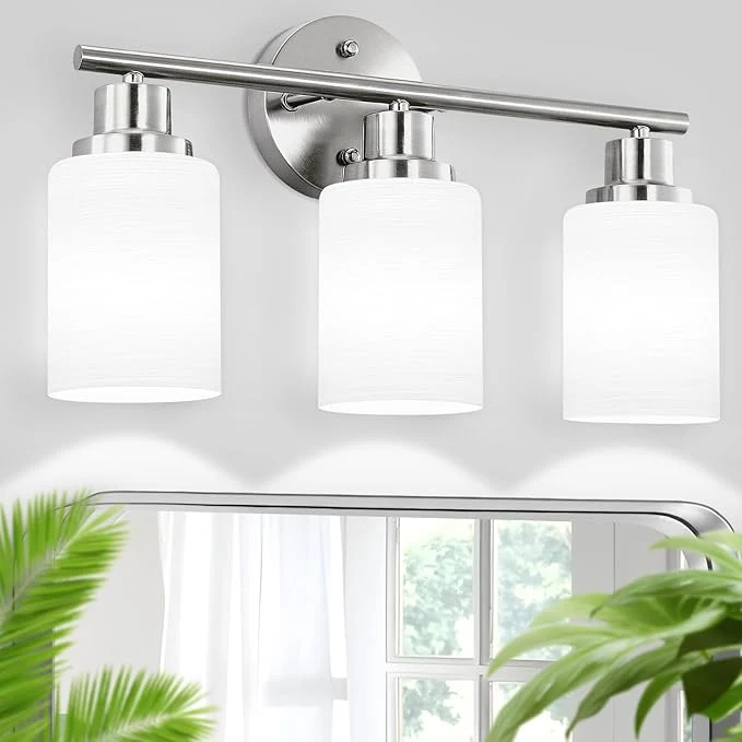 Long-Lasting 3-Light Bathroom Light Fixtures Vanity Lights for Mirror with Textured Milky White Glass Shade Modern Kitchen Light Fixtures Wall Sconce Light - E26 Base - Brushed NickelAbout ThisOverview Fine