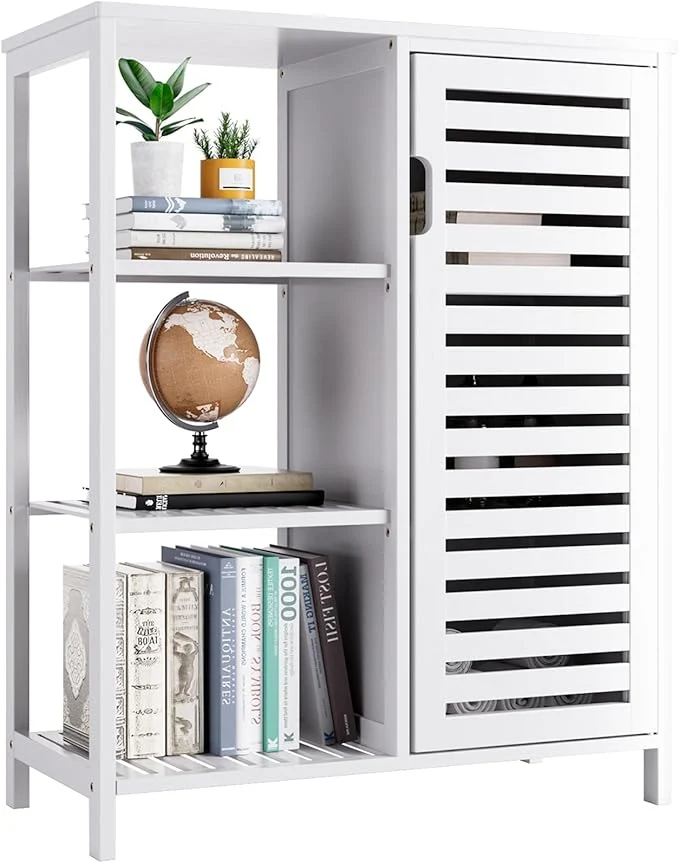 Detailed HITNET Bathroom Cabinet standing Bamboo Floor Cabinet Side Storage Organizer with Door and 3 Shelves Living Room Kitchen Cupboard WhiteAbout ThisOverview Next-Generation