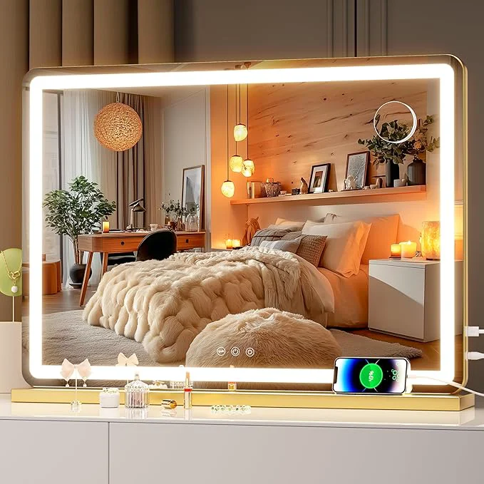 Smart Hasipu Vanity Mirror with Lights 27.6 x 20 LED Makeup Mirror Lighted Makeup Mirror with Dimmable 3 Modes Touch Screen Control Vanity Mirror Round GoldAbout ThisOverview Elegant