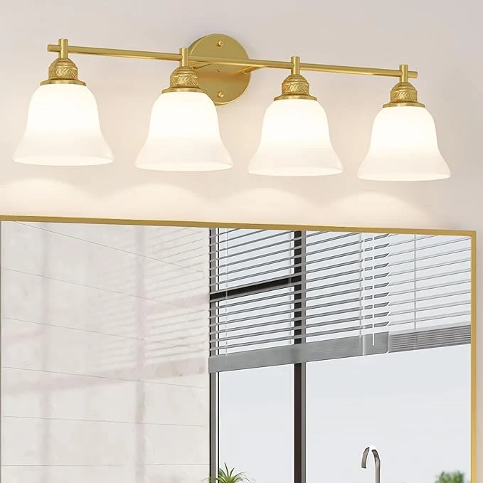 Functional Gold Bathroom Vanity Light Over Mirror - 4 Light Wall Sconce with Frosted Glass Shades Mid Century Farmhouse Bathroom Light Fixtures for Bedroom Hallway Gold Finish About ThisOverview Sophisticated