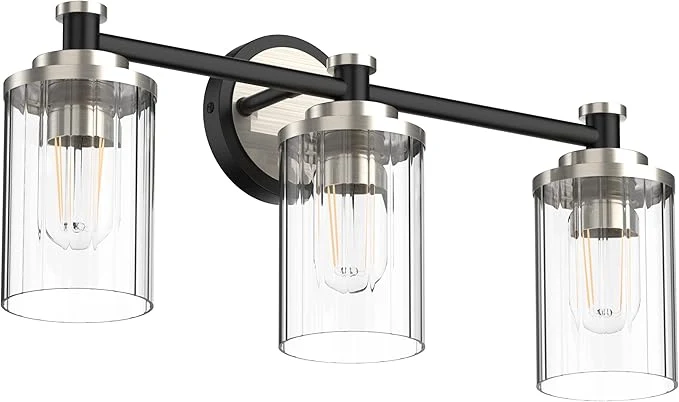 Modern Bathroom Lighting Fixtures Black and Brushed Nickel Bathroom Vanity Light with Cylindrical Clear Stripes Glass Lampshade E26 Socket Base Bathroom Lighting Fixtures Over Mirror 3 Lights About ThisOverview Green