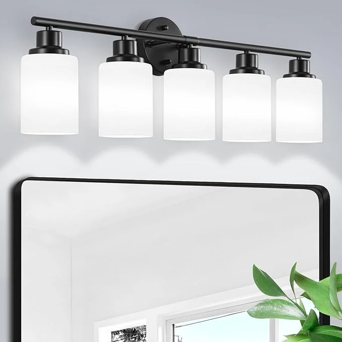 Artisan 5-Light Bathroom Light Fixtures E26 Base Vanity Lights for Mirror with Textured Milky White Glass Shade Modern Kitchen Light Fixtures Wall Sconce Light - BlackAbout ThisOverview Exclusive