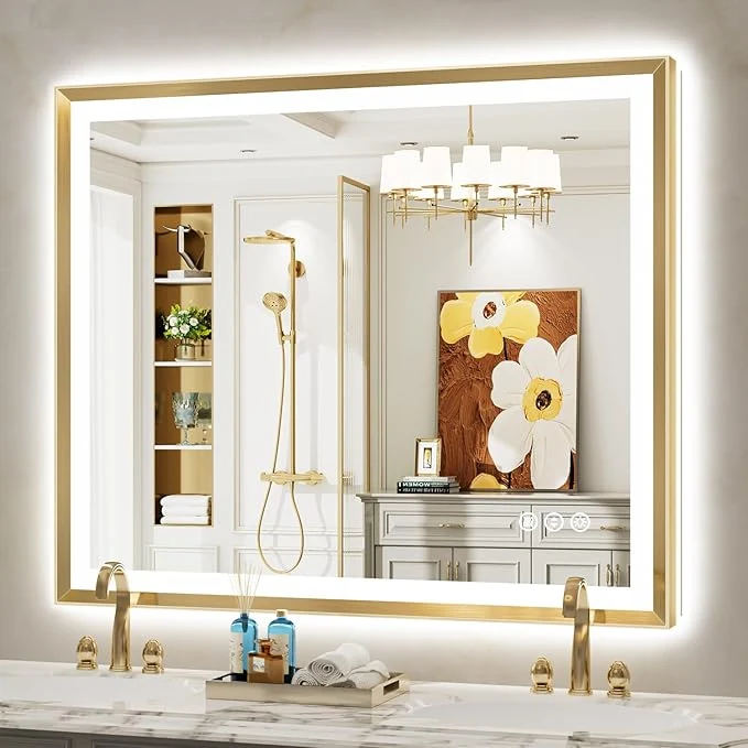 Smart 48x40 Gold Framed LED Bathroom Mirror with Lights Backlit and Front Light Lighted Bathroom Vanity Mirror for Wall Dimmable Anti-Fog Memory Tempered Glass Horizontal VerticalAbout ThisOverview Long-Lasting