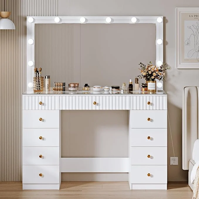 Fine Fluted Makeup Vanity Desk with 46 HD Lighted Mirror Big Modern Vanity Desk with Mirror and 12 LED Lights Dressing Table with 11 Drawers Glass Top for Bedroom WhiteAbout ThisOverview Classic