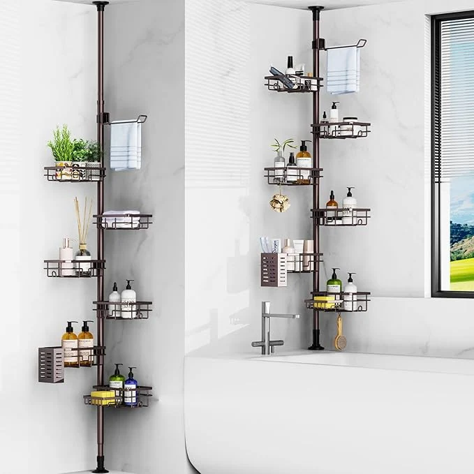 Powerful Mixoo Corner Shower Caddy Tension Pole - Adjustable 30 to 120 Inch Shower Organizer with 6 Shelves Towel Rack Toothbrush Holder Soap Dish Bathroom Corner Storage for Shower Bathtub Bronze About ThisOverview Modern