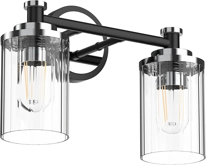 Genuine Bathroom Lighting Fixtures Black and Chrome Bathroom Vanity Light with Cylindrical Clear Stripes Glass Lampshade E26 Socket Base Bathroom Lighting Fixtures Over Mirror 2 Lights About ThisOverview Convenient