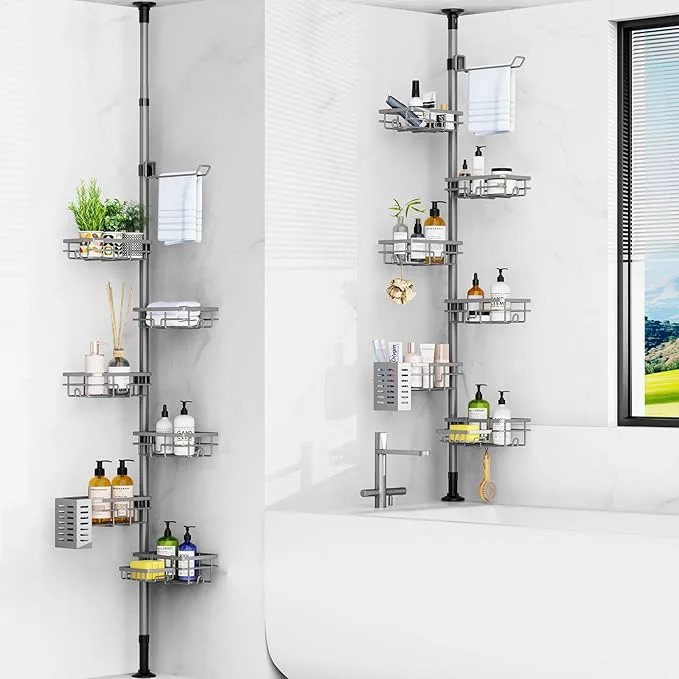 Professional Corner Shower Caddy Organizer Tension Pole Adjustable 6 Shower Shelves Corner Shelf 30-120Inch Rustproof Shower Rack for Inside Shower Extra Towel Bar Soap Dish Bathroom Organizers and Storage GrayAbout ThisOverview Premium Material
