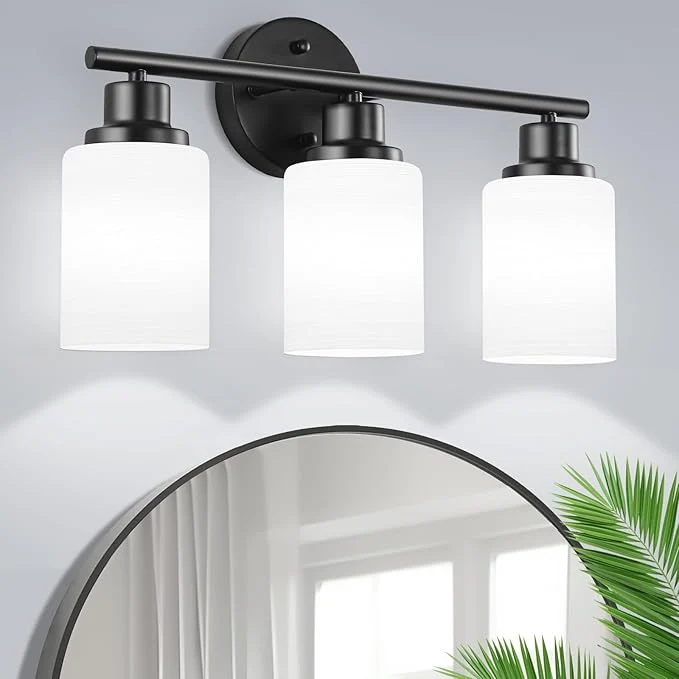 Convenient 3-Light Bathroom Light Fixtures Black Vanity Lights for Mirror with Textured Milky White Glass Shade E26 Base Modern Kitchen Light Fixtures Wall Sconce LightAbout ThisOverview Healthy