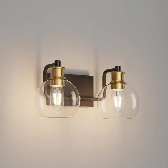 Functional Tipace 2 Lights Vintage Bathroom Vanity Light Fixtures Over Mirror Black Gold Industrial Vanity Lights with Globe Clear Glass Farmhouse Wall Sconces Fixture Exclude Bulb About ThisOverview Solid