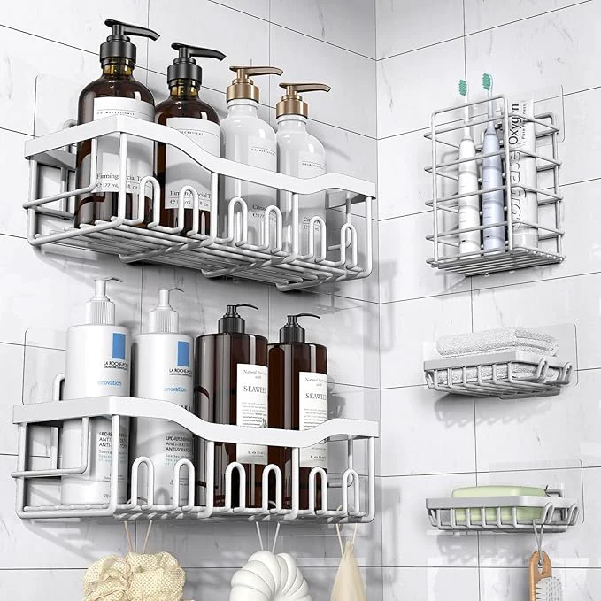 Sophisticated EUDELE 5-Pack Rustproof Stainless Steel Shower Caddy Set– No Drill Adhesive Bathroom Organizer Space-Saving Shower Shelves for Apartment Essentials Bathroom Kitchen Storage Home Decor-L SizeAbout ThisOverview Comfortable