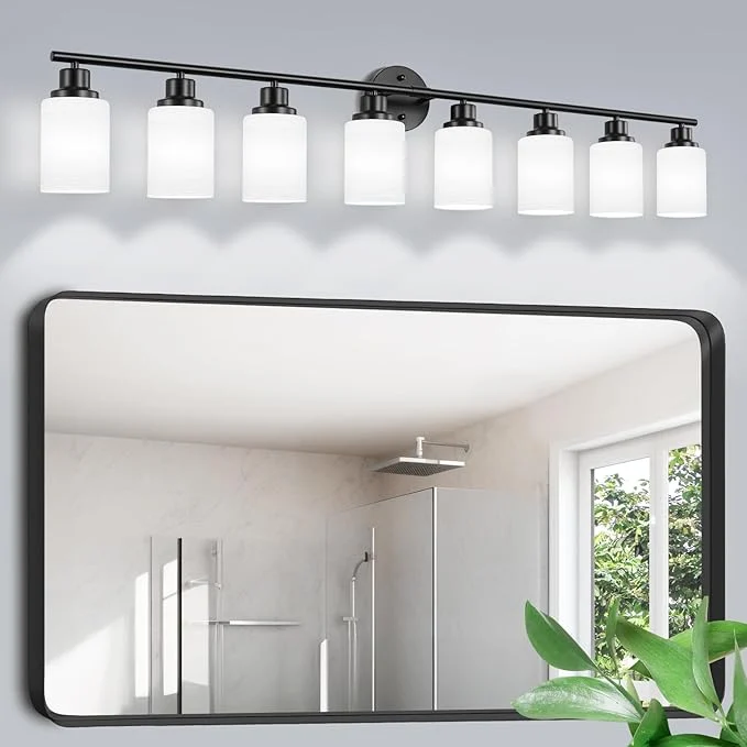 Organic 8-Light Vanity Lights Black Bathroom Light Fixture with Striped Textured Milky White Glass Shade Modern Vanity Lighting Fixture for Bathroom Wall Light Over Mirror E26 Wall SconceAbout ThisOverview Proven
