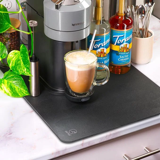 Environmentally Friendly Ternal Coffee Bar Dish Drying Mat Rubber-Backed Anti-Slip Absorbent Mat for Kitchen Counter Fits Under Coffee Maker Machine or Dish Rack Large Size 24 x16 About ThisOverview Clean