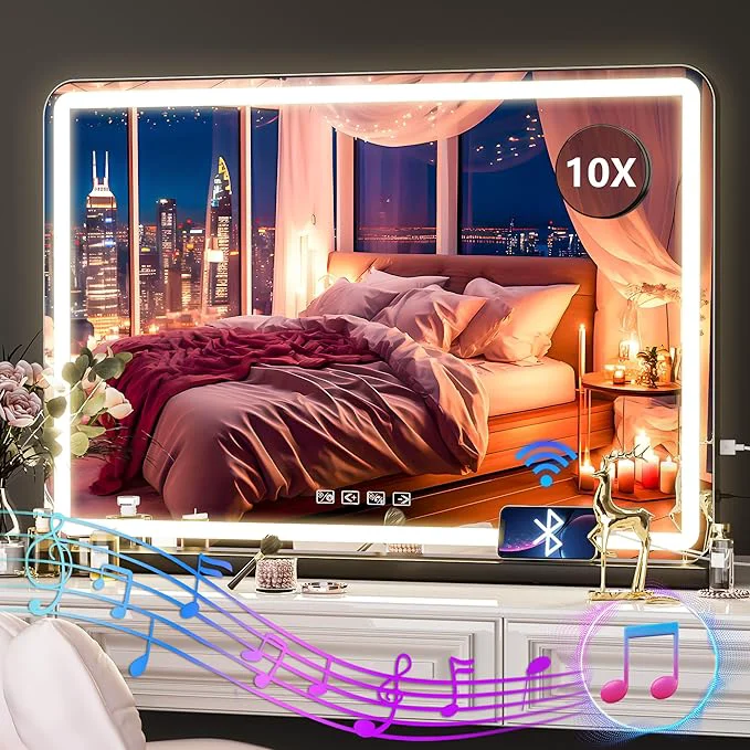 Elegant Hasipu Vanity Mirror with Lights and Bluetooth Speaker 32 x 21.7 LED Makeup Mirror Lighted Makeup Mirror with Dimmable 3 Modes USB Charging Port Round BlackAbout ThisOverview Next-Generation
