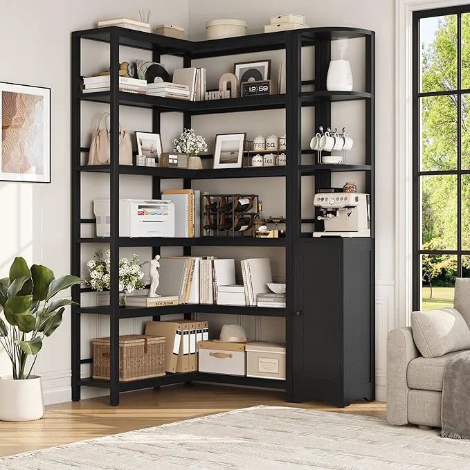 Advanced Keyluv Black Corner Bookshelf 72 Tall Corner Book Shelves Cases 2 Pieces Open Bookcase Large Storage Display Shelf Standing 6 Tier Shelving Unit with Cabinet for Home office Living Room Wood MetalAbout ThisOverview Recyclable