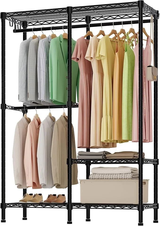 Fast H18 Garment Rack for Hanging Clothes 3 Tiers Portable Closet with 2 Hanger Rods standing Clothes Rack 44.9 W x 14.6 D x 76.4 H Max Load 600lbs BlackAbout ThisOverview Refined