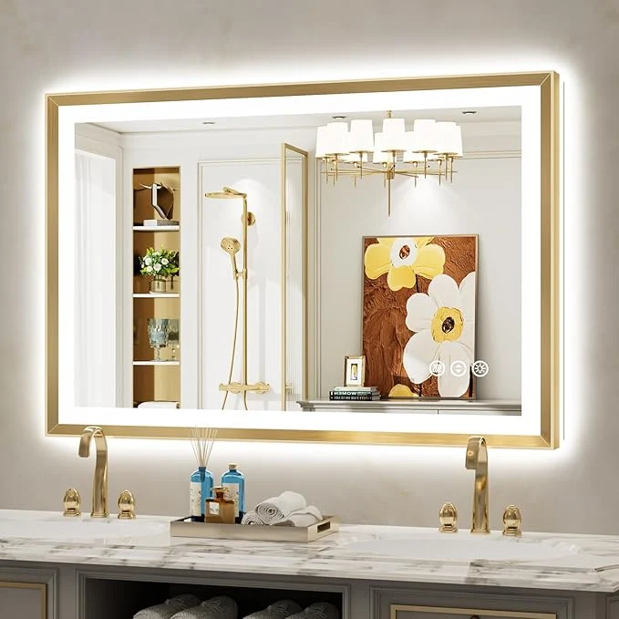 Stylish 48x32 Gold Framed LED Bathroom Mirror with Lights Backlit and Front Light Lighted Bathroom Vanity Mirror for Wall Dimmable Anti-Fog Memory Tempered Glass Horizontal VerticalAbout ThisOverview Prestigious