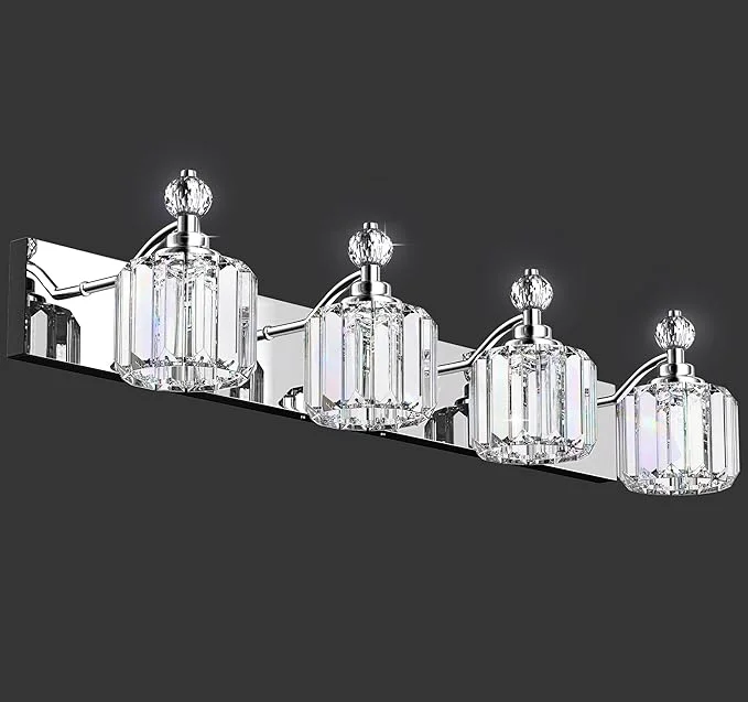 Clean 4-Light Bathroom Vanity Light - Crystal Bathroom Lighting Fixtures Over Mirror with 60w Max E12 Base 56pcs Crystal Sheet Chrome Vanity Lights for Bath RoomAbout ThisOverview Eco-Friendly