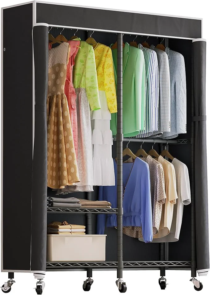 Certified H9 Garment Rack with Cover Heavy Duty Clothing Rack for Hanging Clothes Portable Closet with wheels Wardrobe Closet with Adjustable Shelves Black Rack Shelf with Black Fabric CoverAbout ThisOverview Healthy