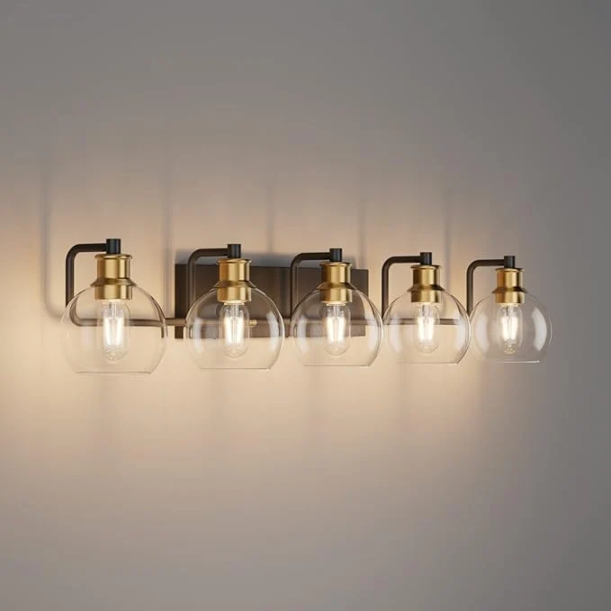 Functional Tipace Vintage Vanity Light Fixture 5-Light Industrial Black Gold Bathroom Lighting with Globe Clear Glass Shades Farmhouse Bath Lighting Exclude Bulb About ThisOverview Consistent