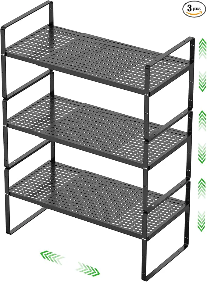 Trendy Expandable Cabinet Storage Shelf Stackable Organizer Rack for Kitchen Bathroom Pantry Spice Cupboard Coffee Countertop Home Office Desk Heavy Duty Nonslip Black Small 3 PacksAbout ThisOverview Powerful