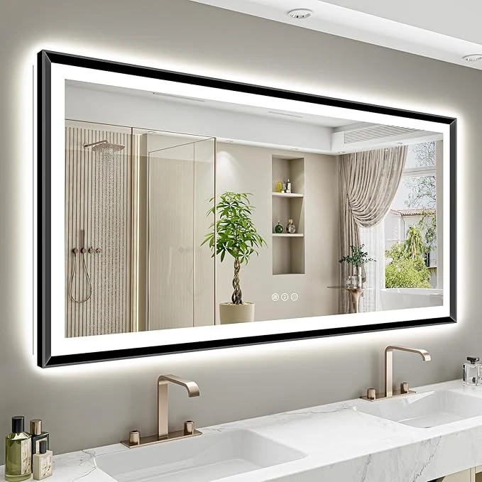 Unique 72x36 Black Framed LED Bathroom Mirror with Lights Backlit and Front Light Lighted Bathroom Vanity Mirror for Wall Dimmable Anti-Fog Memory Tempered Glass Horizontal VerticalAbout ThisOverview Lightweight