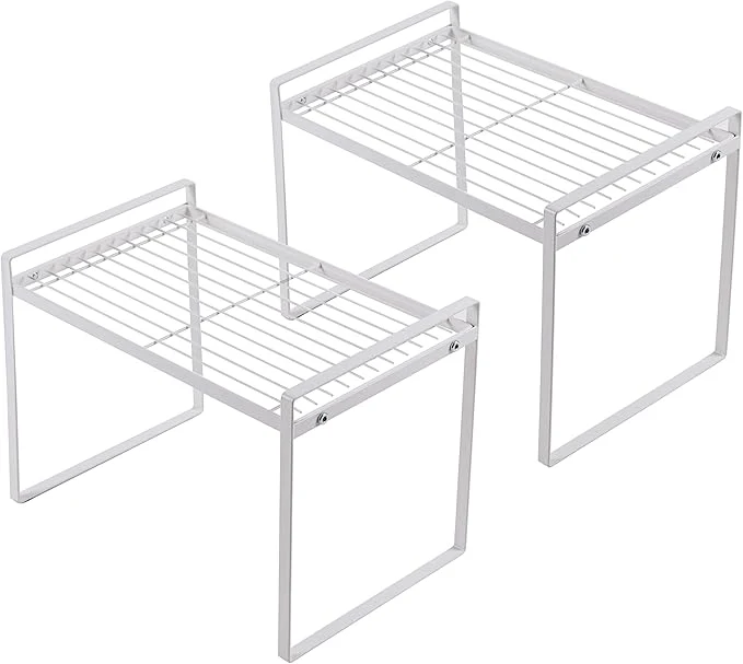 Convenient 2pk Kitchen Cabinet Shelf Counter Organizer Rack Pantry Storage Bathroom Bedroom Office Table Desk Space Saving Steel Frame Stackable Rust Resistant Non Slip White-Tall- L13in W8.3in H9.5inAbout ThisOverview Fast