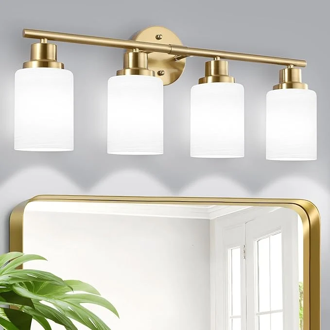 Stylish 4-Light Vanity Lights Brushed Gold Bathroom Light Fixture with Striped Textured Milky White Glass Shade Modern Vanity Lighting Fixture for Bathroom Wall Light Over Mirror E26 Wall SconceAbout ThisOverview Exclusive