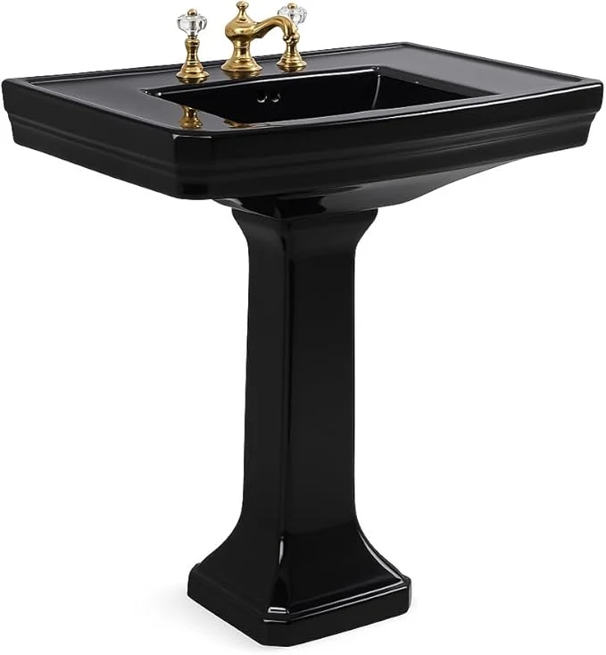Top-Quality Victoria 32 Large Black Pedestal Bathroom Sink With Overflow Heavy Duty Porcelain Pre-Drilled Widespread Faucet Holes Renovators Supply ManufacturingAbout ThisOverview Original Design