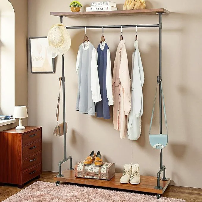 Artisan Industrial Pipe Clothing Racks Rolling Garment Racks Hall Tree on Lockable Wheels with Shelves and Shoes Storage Heavy Duty Clothes Rack two tiers garment rack About ThisOverview Excellent
