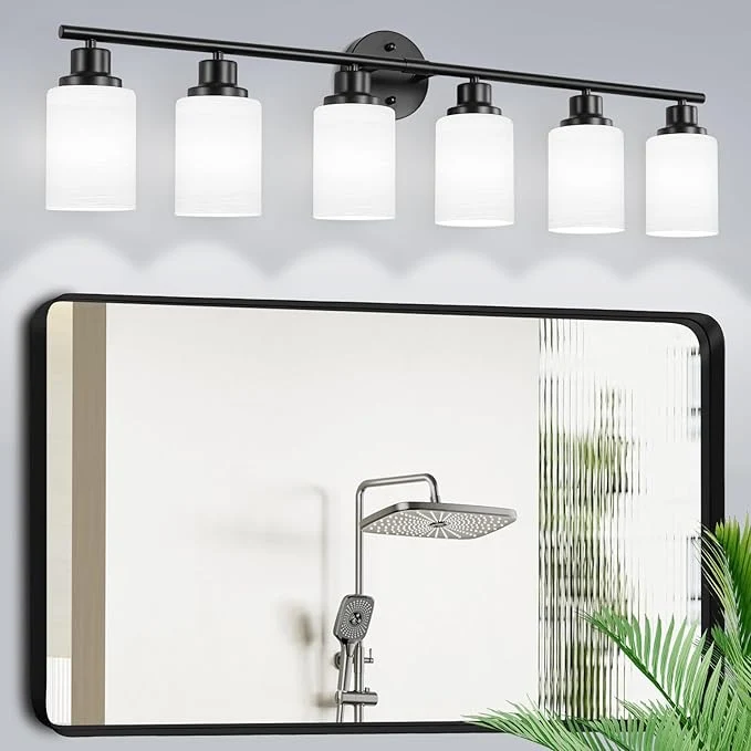 Solid 6-Light Bathroom Light Fixtures Vanity Lights for Mirror with Textured Milky White Glass Shade E26 Base Modern Kitchen Light Fixtures Wall Sconce Light - BlackAbout ThisOverview Next-Generation