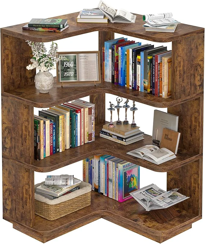 Versatile Armocity Corner Book Shelf - 4 Tier Corner Bookshelf Etagere Bookcase with Baffle standing L Shaped Display Shelf Stand for Home Office Living Room Bedroom Kitchen Rustic BrownAbout ThisOverview Powerful