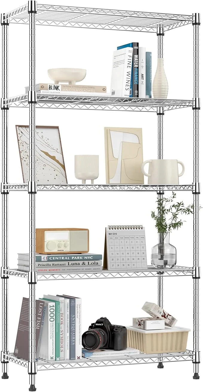 Detailed 1250 lbs 5 Tier Shelf Metal Storage Shelves Shelving Wire Rack Heavy Duty Closet Organizers for Garage Kitchen Bathroom Laundry Chrome 13.8 D x 29.5 W x 59.5 HAbout ThisOverview Safe