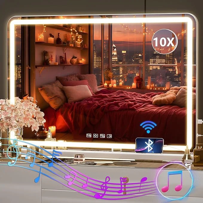 Recyclable Hasipu Vanity Mirror with Lights and Bluetooth Speaker 32 x 21.7 LED Makeup Mirror Lighted Makeup Mirror with Dimmable 3 Modes USB Charging Port Round WhiteAbout ThisOverview Soft