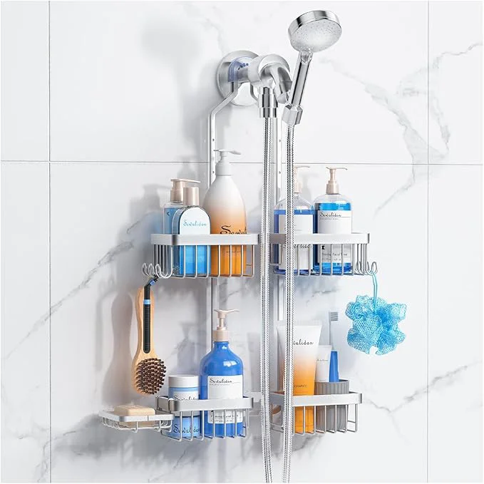 Prestigious Aluminum Alloy Hanging Shower Caddy for Handheld Shower Heads Rustproof Hose Shower Organizer 4 Levels Height Adjustable Shower Rack with Hooks Razor Holder Soap HolderAbout ThisOverview Smooth