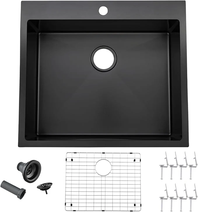 Soft 25 Inch Black Drop In Kitchen Sink 25 x 22 Inch16 Gauge Single Bowl Stainless Steel Handmade Topmount Black Sink RV Bar Sink Basin with AccessoriesAbout ThisOverview Excellent