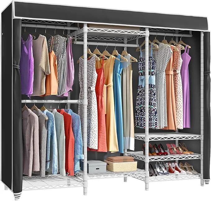 Versatile VIPEK V5C Bedroom Armoires Portable Clothes Closet Rack White Metal Clothing Rack with Black Cover Adjustable Custom standing Closet Wardrobe Heavy Duty Covered Clothes Rack Max Load 890LBSAbout ThisOverview Elite