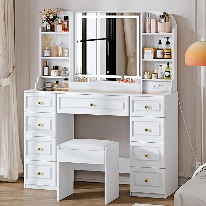 Traditional 42 Makeup Vanity Desk with Mirror and Lights Power Outl Glass Top Big Vanity Table with 9 Drawers 8 Storage Shelves Dressing Table Set with Chair for Bedroom WhiteAbout ThisOverview Recyclable