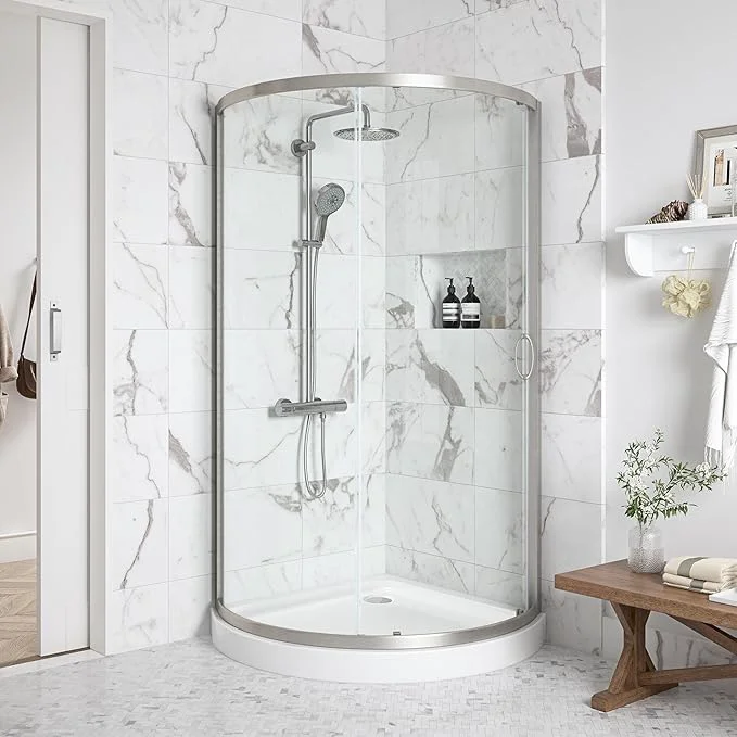 Excellent OVE Decors Breeze 36 in. Corner Shower Clear Sliding Door with Base in Satin Nickel FinishAbout ThisOverview Fast