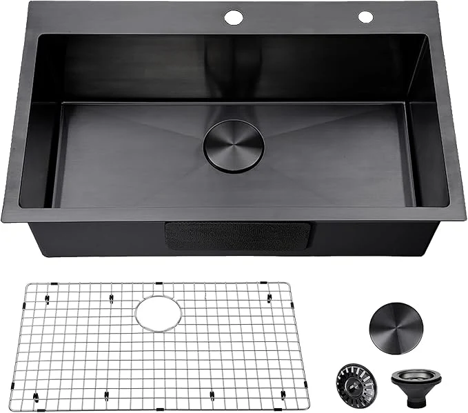 Secure 30 inch Drop in Black Kitchen Sink Single Bowl Stainless Steel Handmade Topmount Kitchen Sinks with Dish Grid and DrainAbout ThisOverview Fast