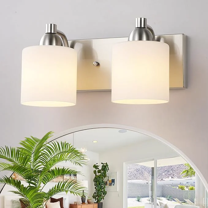 Fine Crafted Stainless Steel Milk Glass Vanity Lights for Bathroom 2 Light Brushed Nickel Bathroom Light Fixtures Over Mirror Ceramic E26 Sockets Wall MountedAbout ThisOverview Unique