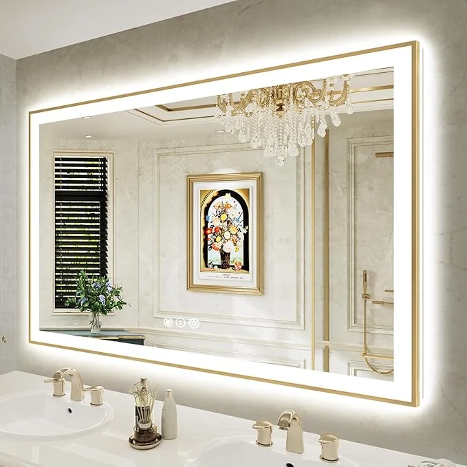 Comfortable 60x38 Inch LED Bathroom Mirror with Lights Front Lit and Backlit Gold Framed Lighted Vanity Mirror for Bathroom Wall Dimmable Anti-Fog Memory Tempered Glass Horizontal VerticalAbout ThisOverview Optimized