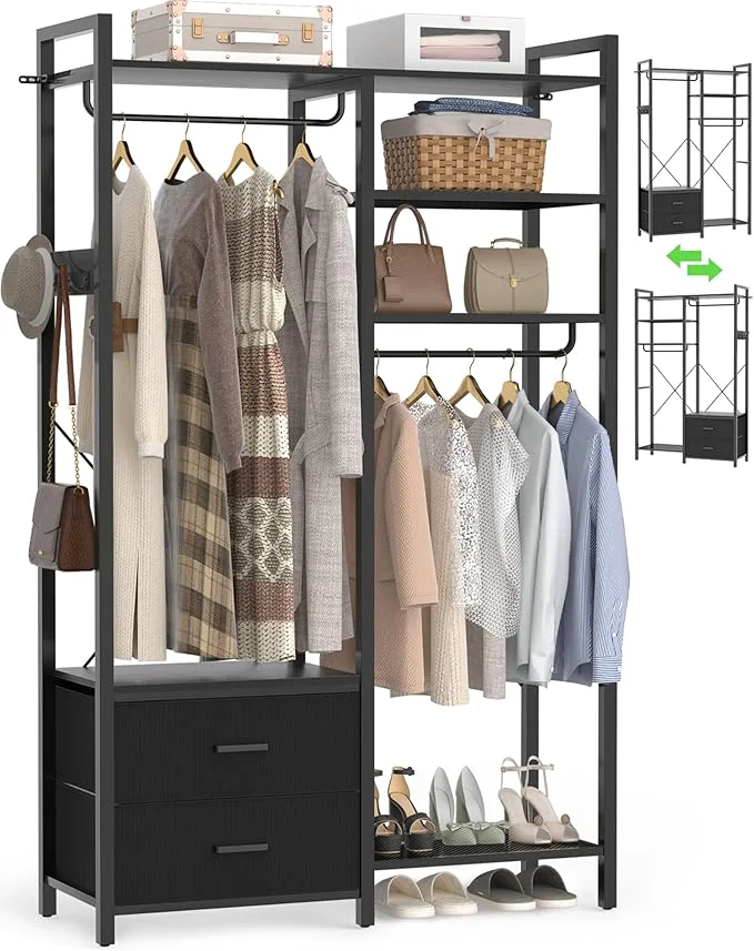 Casual 78.7'' Clothes Rack for Hanging Clothes - Reversible Clothing Rack with 2 Drawers Heavy Duty Garment Racks with Shelves 6 Tiers standing Portable Closet Wardrobe System with Hanging Hooks BlackAbout ThisOverview Powerful