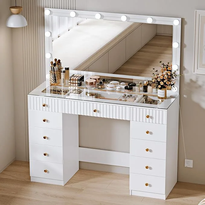 Relaxed Fluted Makeup Vanity Desk with 46 HD Lighted Mirror Big Modern Vanity Desk with Mirror and 12 LED Lights Dressing Table with 11 Drawers Glass Top for Bedroom CreamAbout ThisOverview Functional