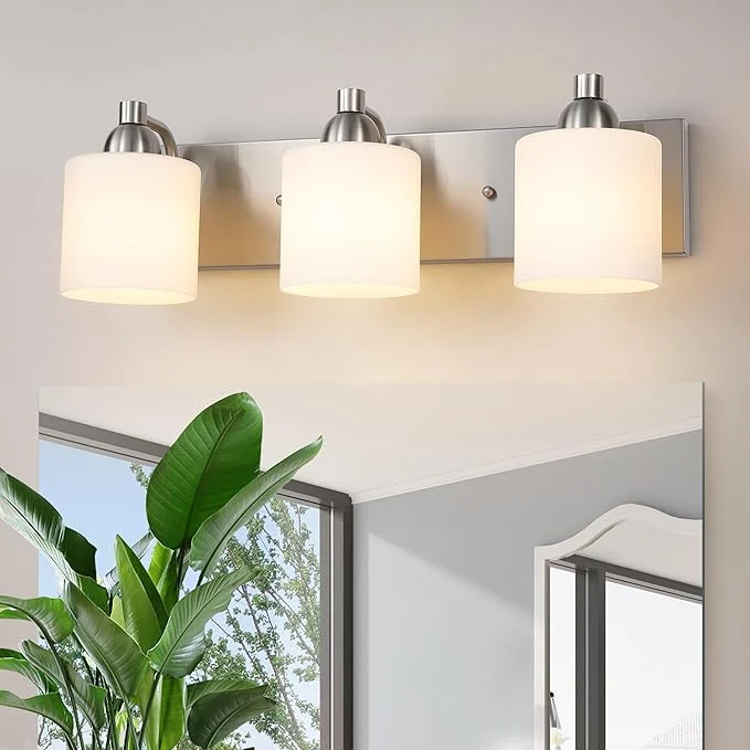 Detailed Stainless Steel Milk Glass Bathroom Vanity Light Over Mirror 3 Light Brushed Nickel Bathroom Light Fixtures with Frosted Glass Modern Vanity Lighting Wall MountAbout ThisOverview Trendy