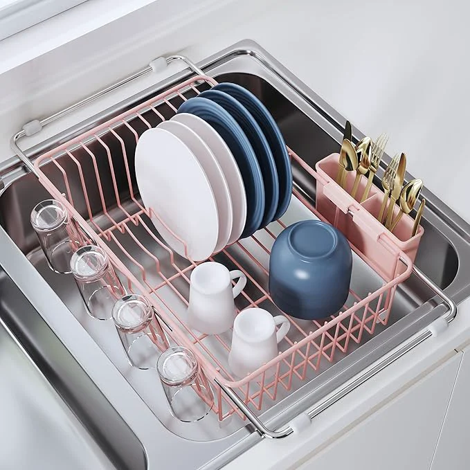 Verified Over the Sink Expandable Dish Drainer Drying Rack In Stainless Steel for Small Kitchen Counter Space Saving Compact Metal Above Plate Dryer Strainer Pink Adjustable Hanging Inside Drain HolderAbout ThisOverview Quality