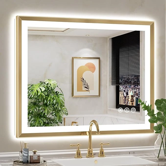 Exceptional 40x32 Gold Framed LED Bathroom Mirror with Lights Backlit and Front Light Lighted Bathroom Vanity Mirror for Wall Dimmable Anti-Fog Memory Tempered Glass Horizontal VerticalAbout ThisOverview Sophisticated